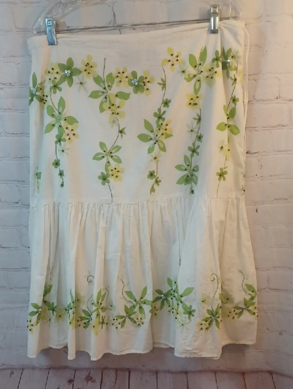 jh collectibles white floral embroidered beaded tiered skirt womens xl boho